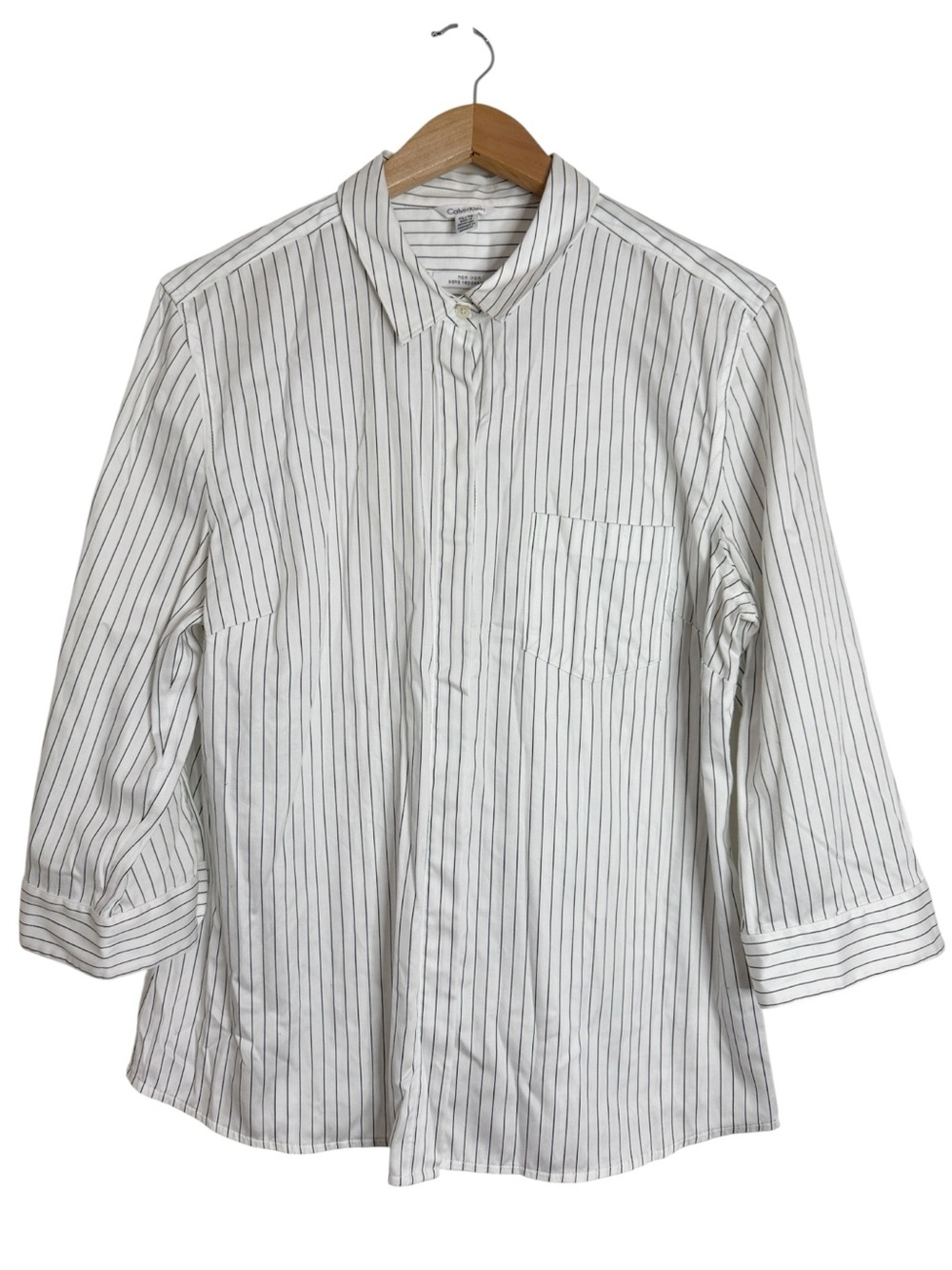 Calvin Klein Non Iron White Pinstripe Button-Up Shirt Chest Pocket Preppy sz XL